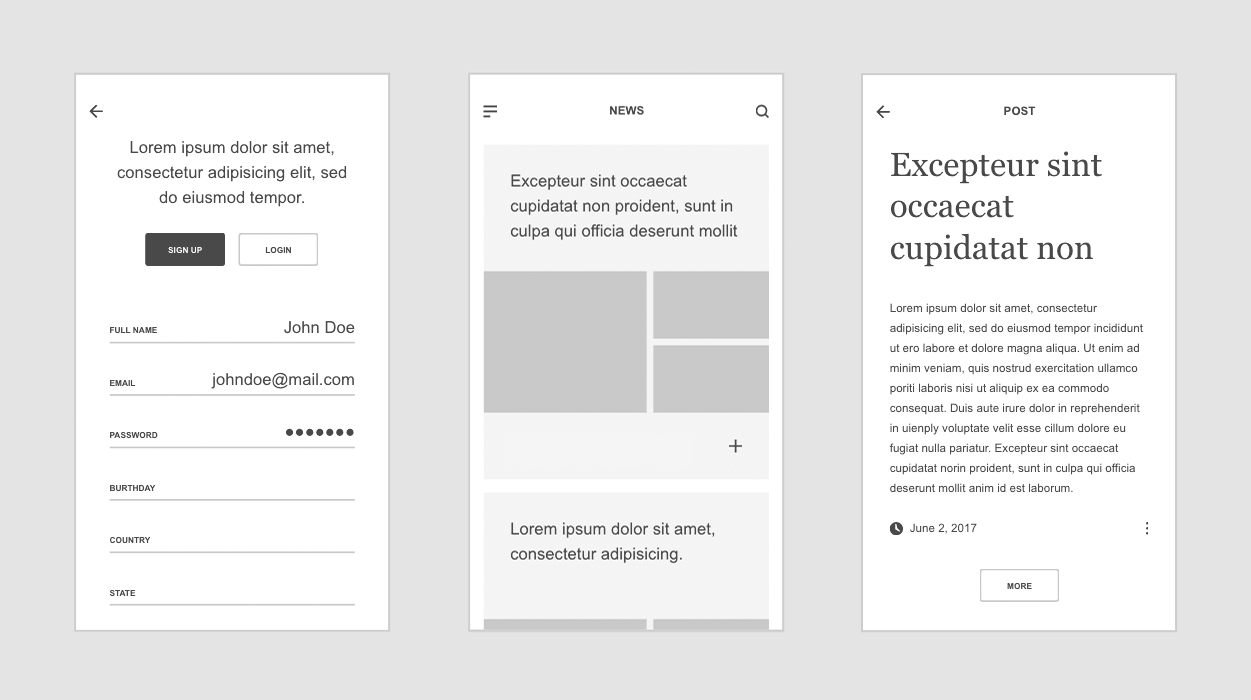 Three examples of website wireframes