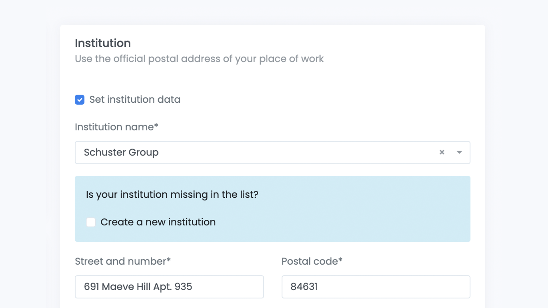 Screenshot of profile settings on the topic of institution