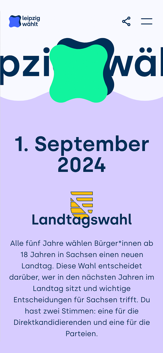 Der Screenshot der Startseite von der Website leipzig-wählt.de zeigt das Logo und den Titel der Website, den Termin der anstehenden Landtagswahl in Sachsen sowie einen kurzen Einleitungstext.