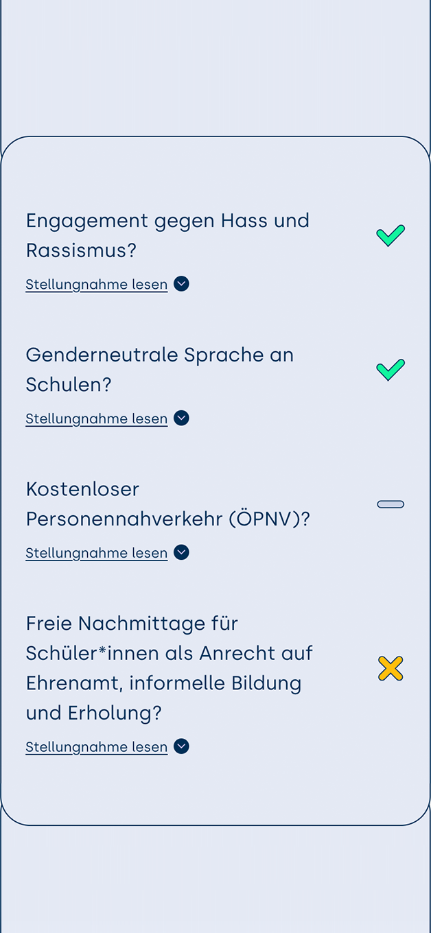 Der Screenshot der Website leipzig-wählt.de zeigt die Antworten einer Kandidierenden auf die Fragen des Stadtjugendrings. Die Kandidierenden können mit ja, nein, neutral oder "keine Antwort" antworten und optional ein kurzes Statement dazu abgeben.