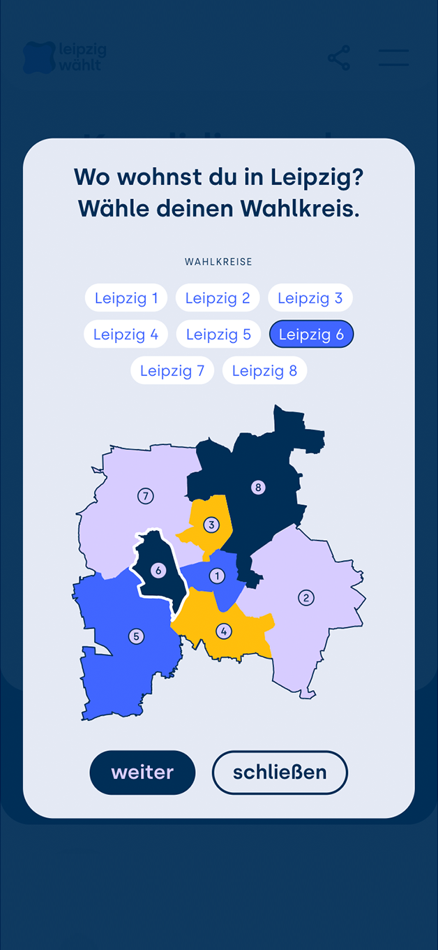 The screenshot of the leipzig-wählt.de website shows a window in which a user can select their constituency directly by clicking on an area on the city map of Leipzig.