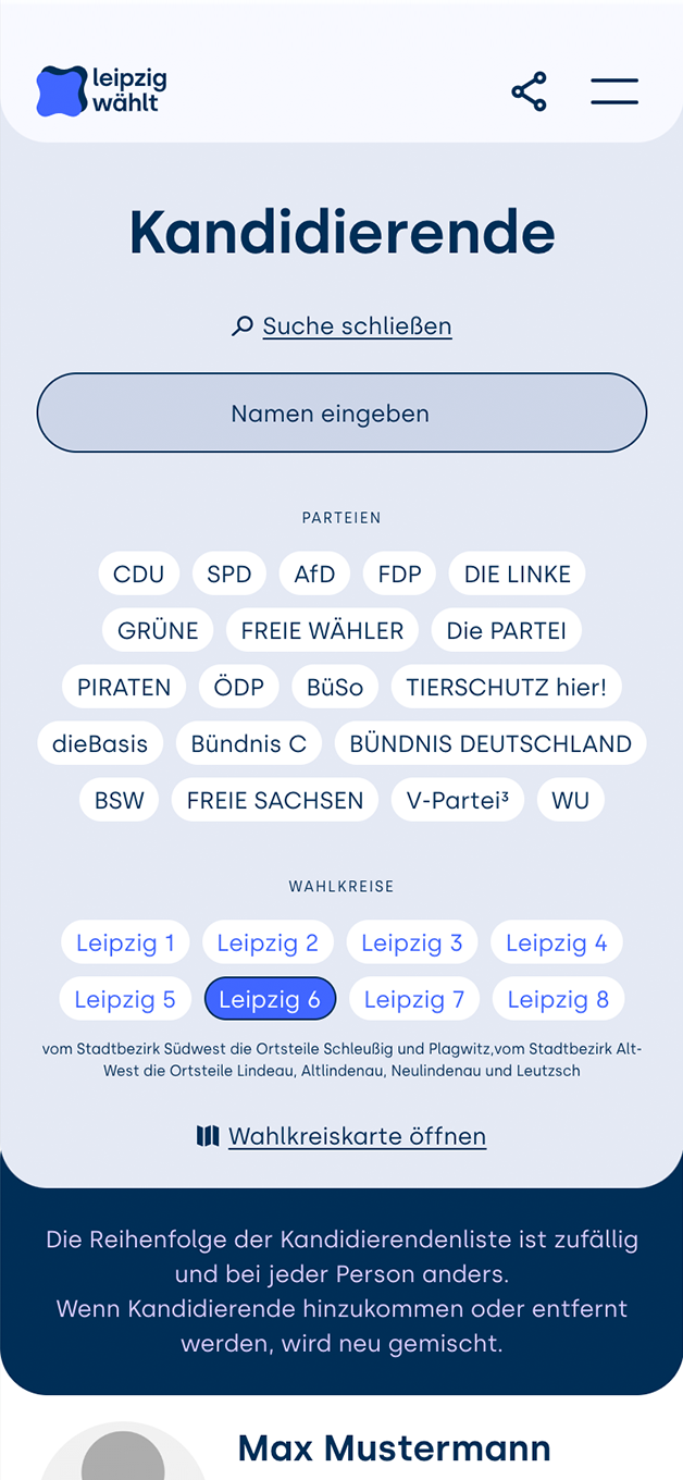 Der Screenshot der Website leipzig-wählt.de zeigt ein Suchfeld und Optionen zur Auswahl von Parteien und eines Wahlkreises. Damit lässt sich die Liste der Kandidierenden filtern.