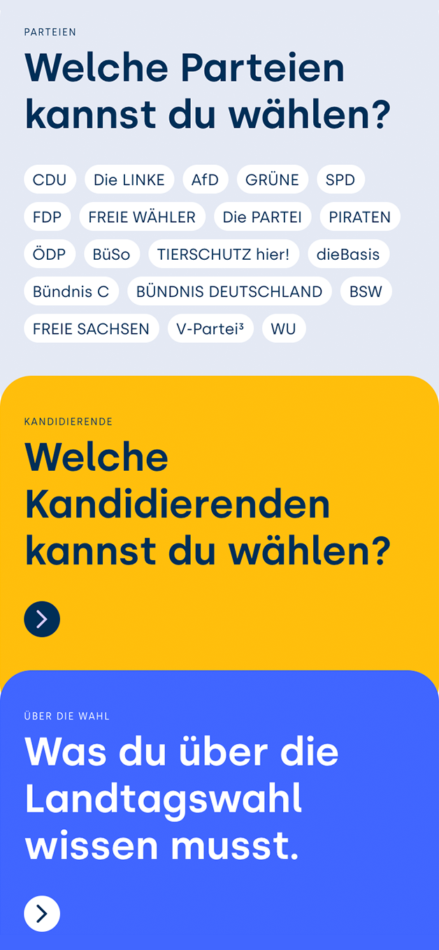 Der Screenshot der Website leipzig-wählt.de zeigt drei Einstiegspunkte: Ein Linkliste mit allen Parteien, einen Link zur Übersicht der Kandidierenden und einen Link zu allgemeinen Informationen über die Wahl.