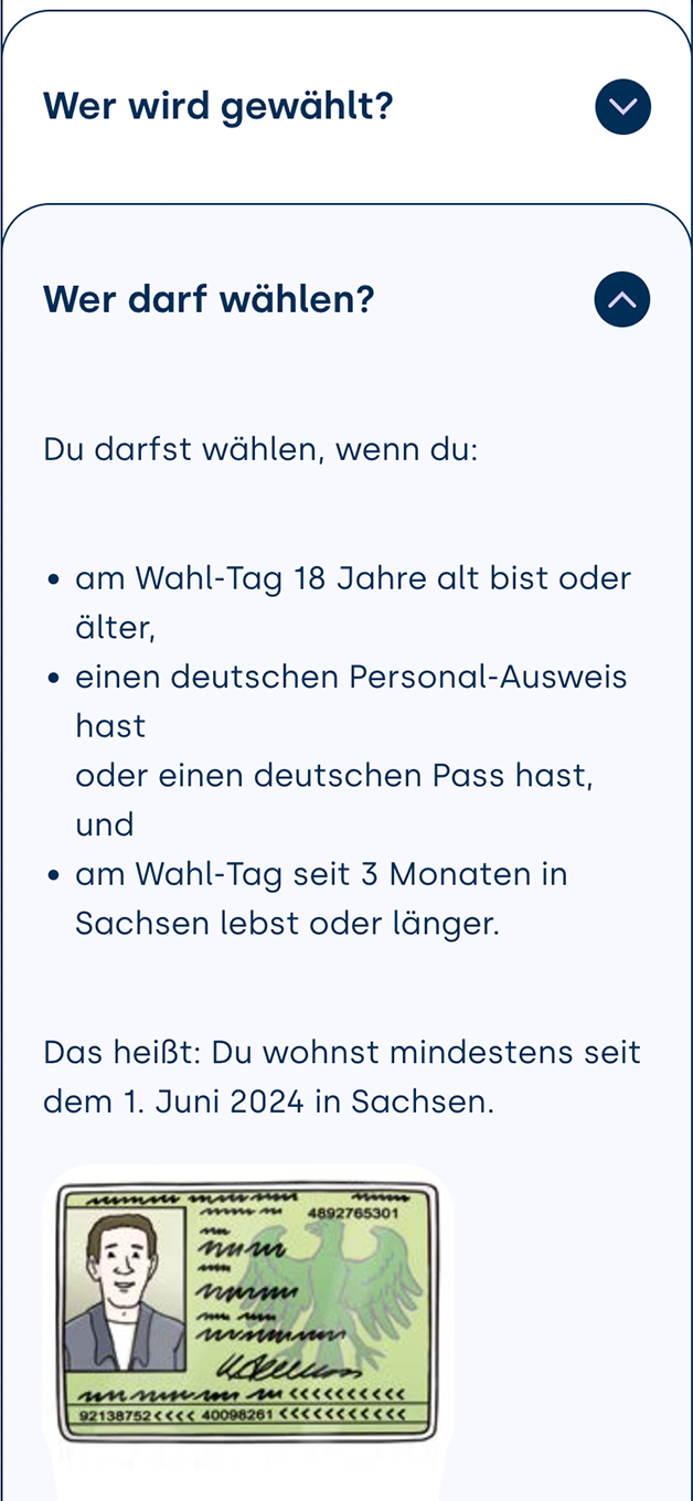 Der Screenshot der Website leipzig-wählt.de zeigt mehrere aufklappbare Elemente. Das aktive Element enthält Informationen in Leichter Sprache zur Frage "Wer darf wählen?". 